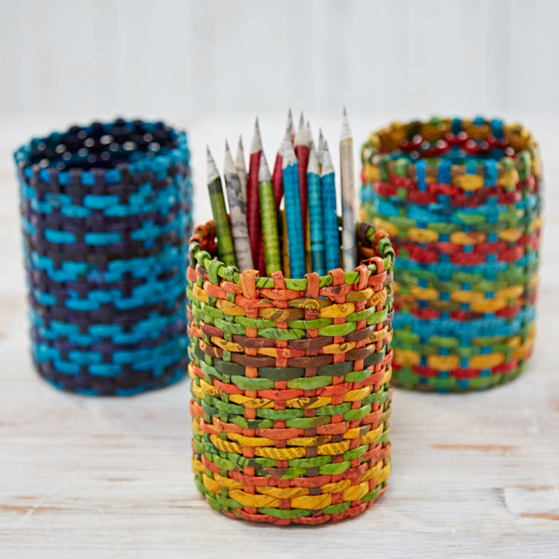 Round Recycled Newspaper Pencil Holder, Orange/Yellow/Green