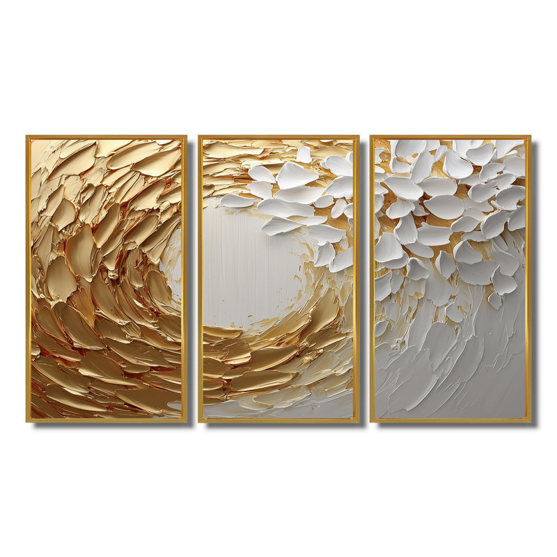 Ensemble de salon art mural blanc et or rose Vortex Love III - Abstract Spirals, Toile avec cadre flottant or