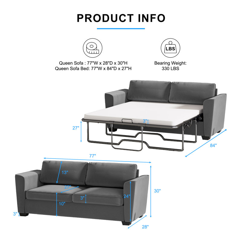 Queen Size Velvet Pull-Out Sofa Bed with 2.8" Mattress, Light Gray
