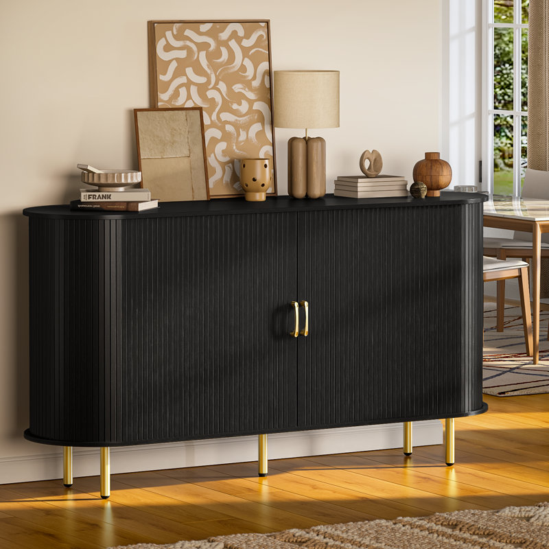  Buffet en bois avec rangement 55 po, armoire à café de style Mid-Century avec portes et tablettes coulissantes, console d'appoint pour cuisine, salle à manger, vestibule