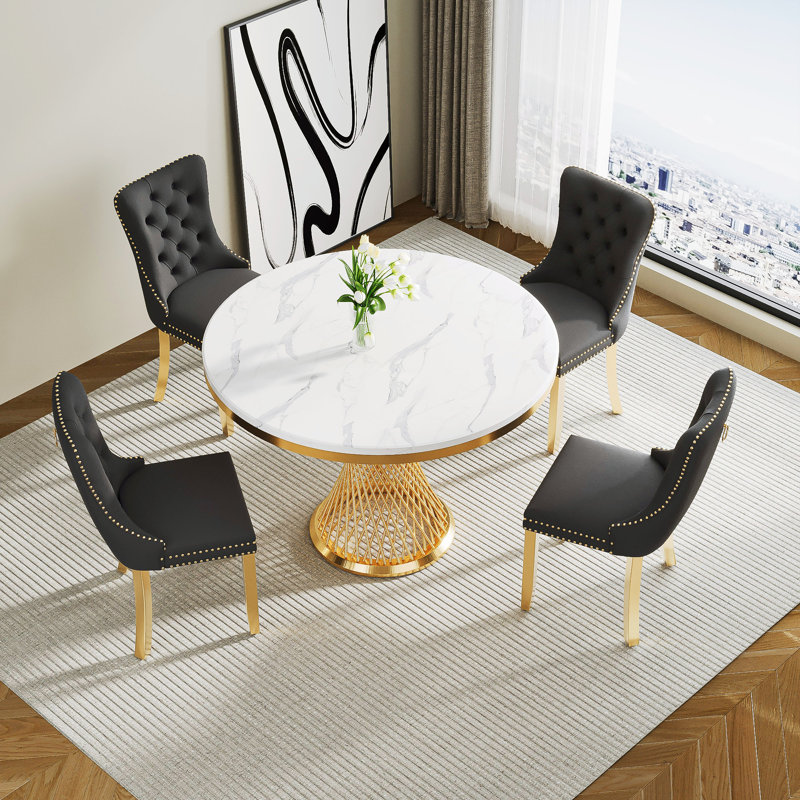 47" 4 - Person Round Marble Dining Table set, Black/Gold, Gold