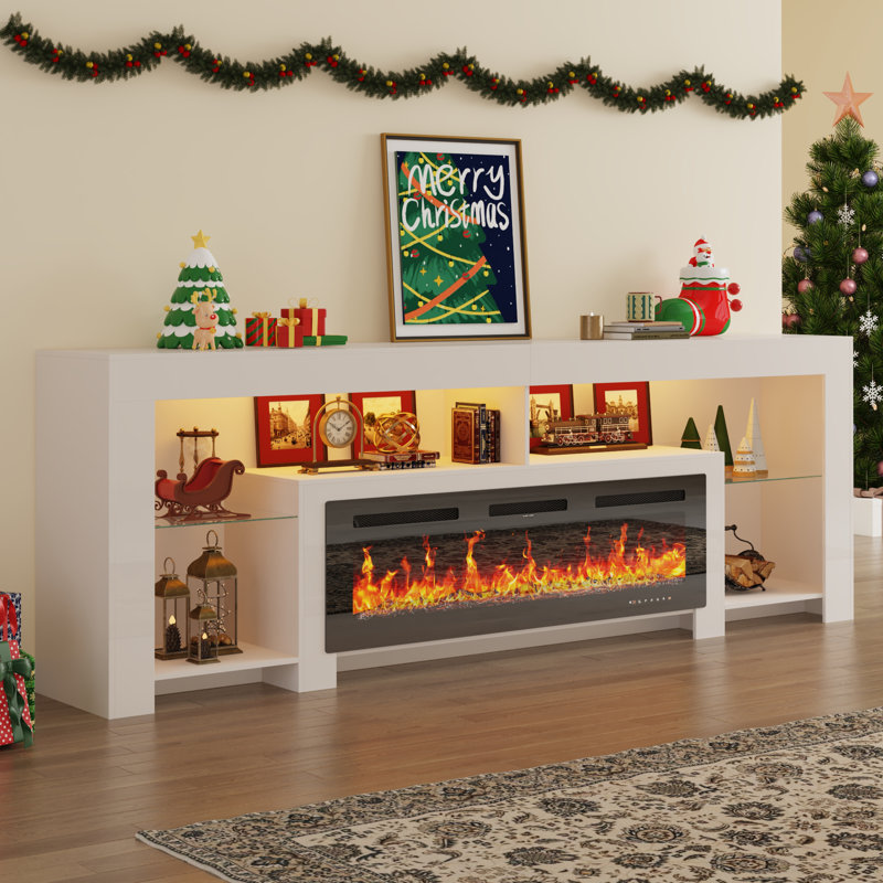 Meuble télé 83 po pour téléviseur 85/90 po avec foyer 50 po et lumières DEL Aitan, 38"H x 83"L x 16"D, Blanc, Avec foyer