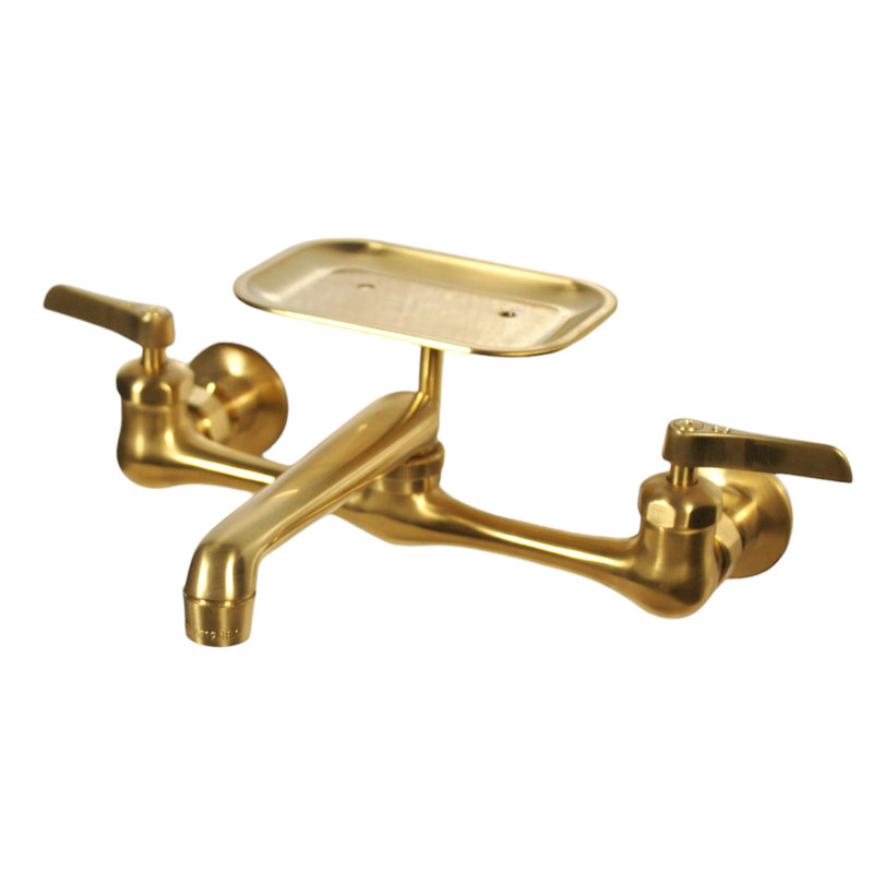 8 Inch Spread Wall Mount Faucet with Soap Dish, Satin Brass