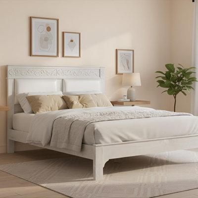 Victorian Hand Carved Solid Wood Queen Bed Frame in Distressed White