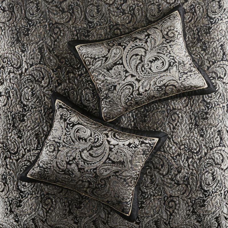 Couvre-lit 5 pièces - motif délavé et motif cachemire, Noir, Édredon de très grand lit et 4 pièces additionn
