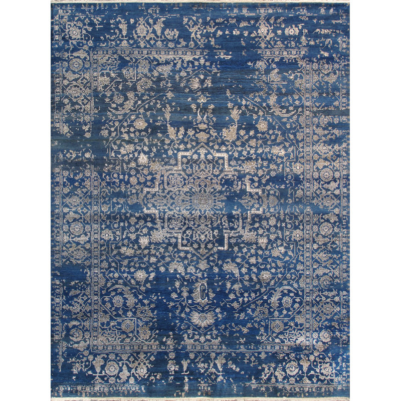 Tapis rectangulaire bleu transitionnel en laine / soie / rayonne de bambou noué à la main, Rectangle 9 pi x 11 pi 10 po