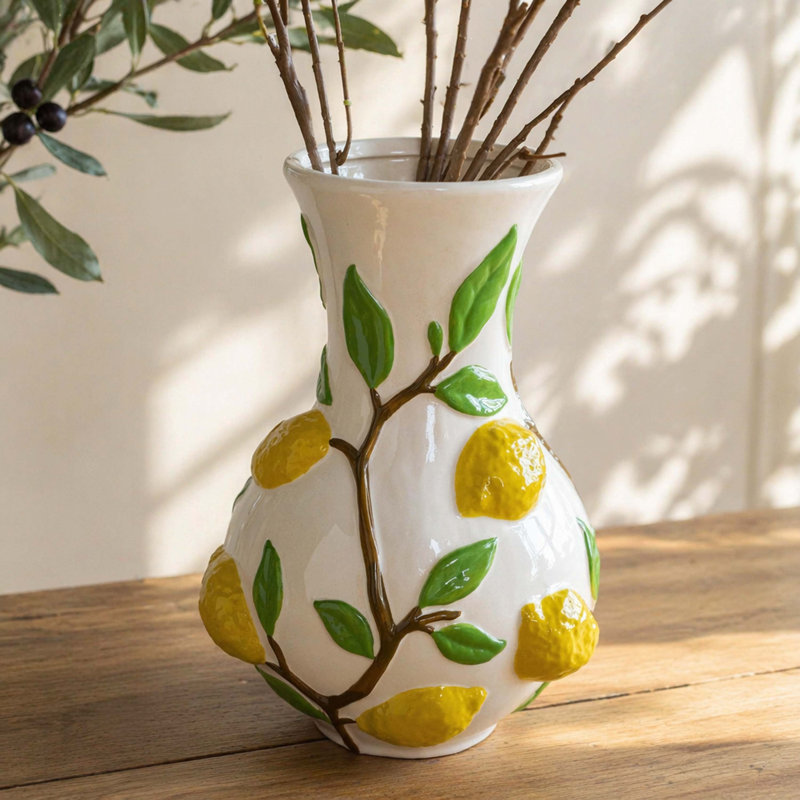 Vase en céramique blanc à relief de branches de citron en relief 3D, vase floral Bulbous brillant pour style de cuisine de campagne et de campagne