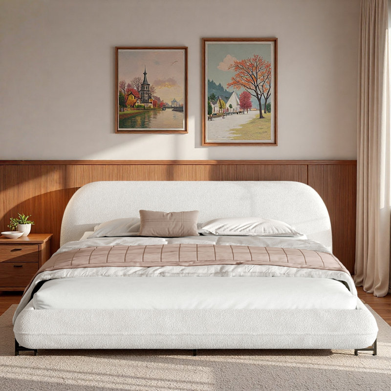 Lit rembourré en tissu avec tête de lit épaisse et pieds en acier Boucle, Grand lit