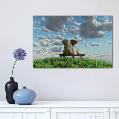 Éléphant et chien assis sur un pré - reproduction d'art