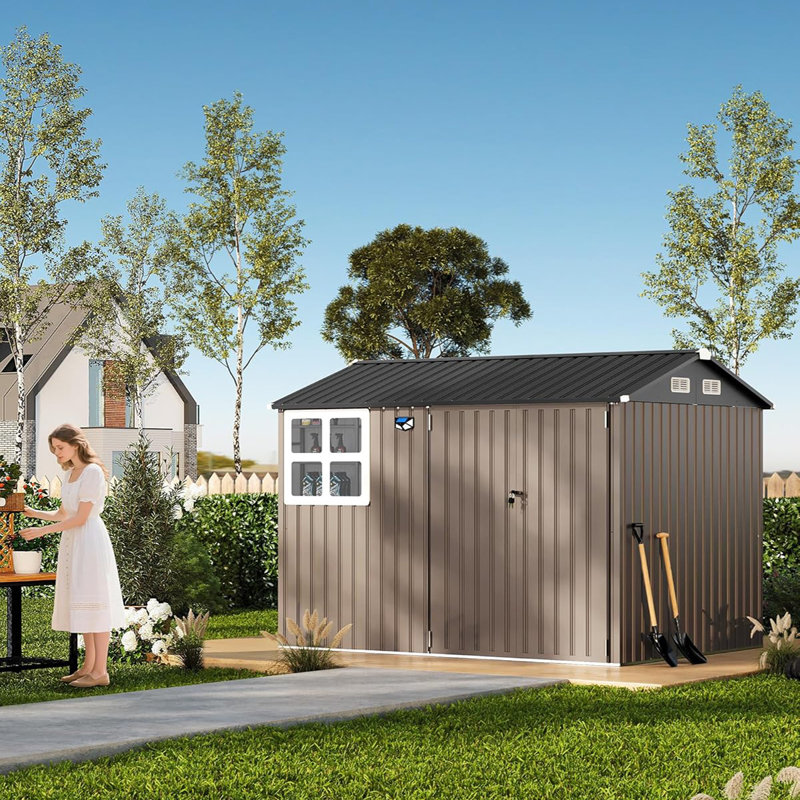 6x8 Ft Brown Outdoor Metal Garden Tool Shed with Updated Frame, Lockable Doors and Windows for Backyard and Patio, Brown
