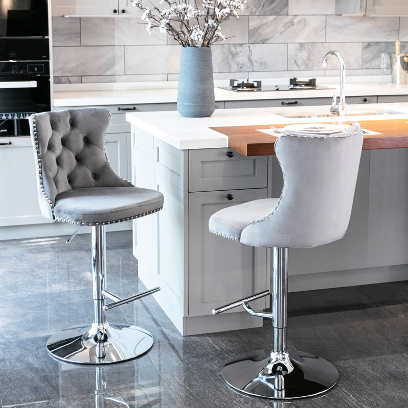 Siège de 25 à 33 pouces réglable en velours gris, rembourré moderne avec base et dossier pour la cuisine de pub à domicile (de deux