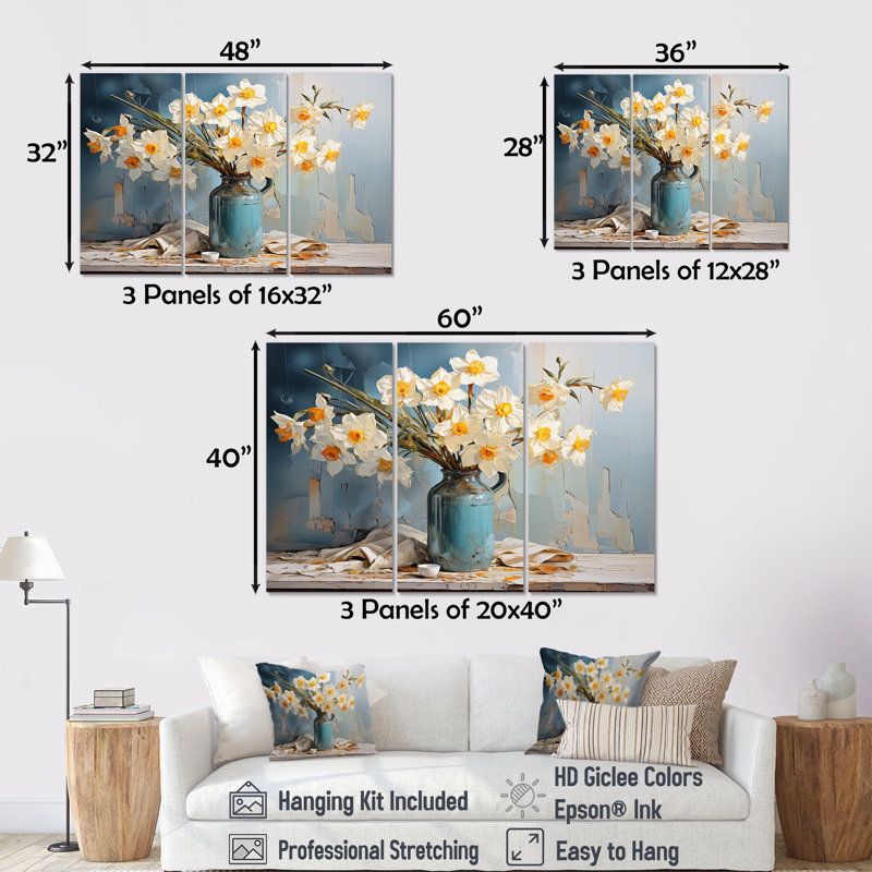 «Daffodils Farmhouse Still Life I» - ensemble d'art mural jonquilles, H 40 po x l 60 po x P 1 po