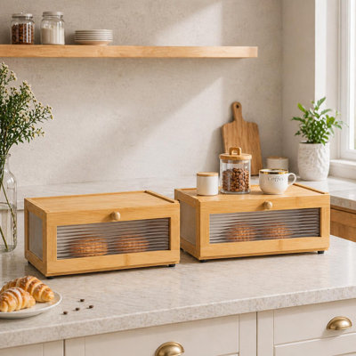 Boîte à pain empilable pour comptoir de cuisine, bac de rangement de pain en bambou à 2 niveaux pour les collations de boulangerie Boîte à pain de ferme avec fenêtre en acrylique pour armoire garde-manger