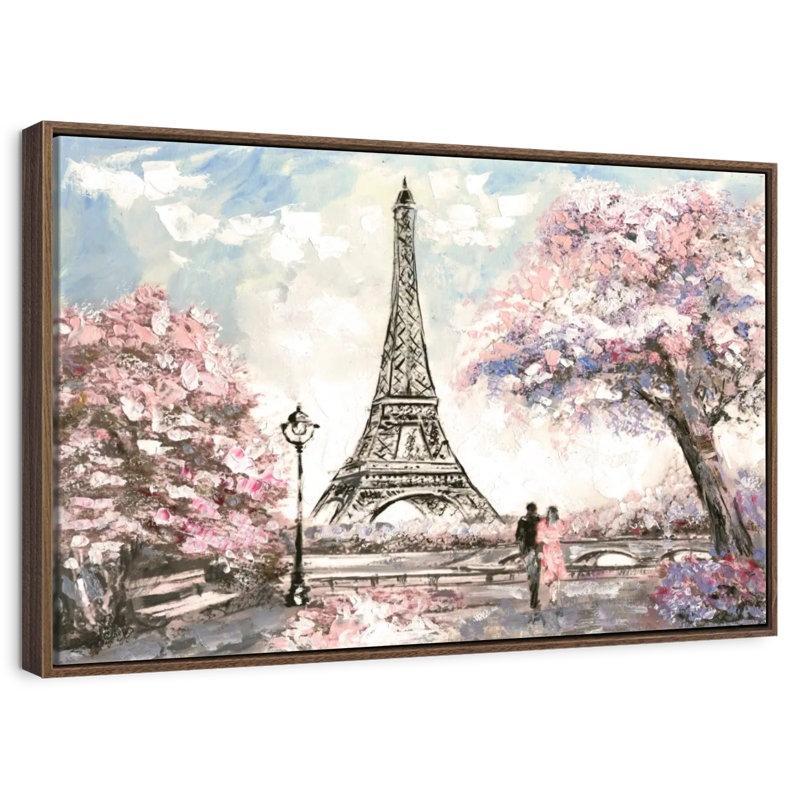 Les amoureux du printemps à Paris, 37 po x 25 po, Cadre flottant noyer