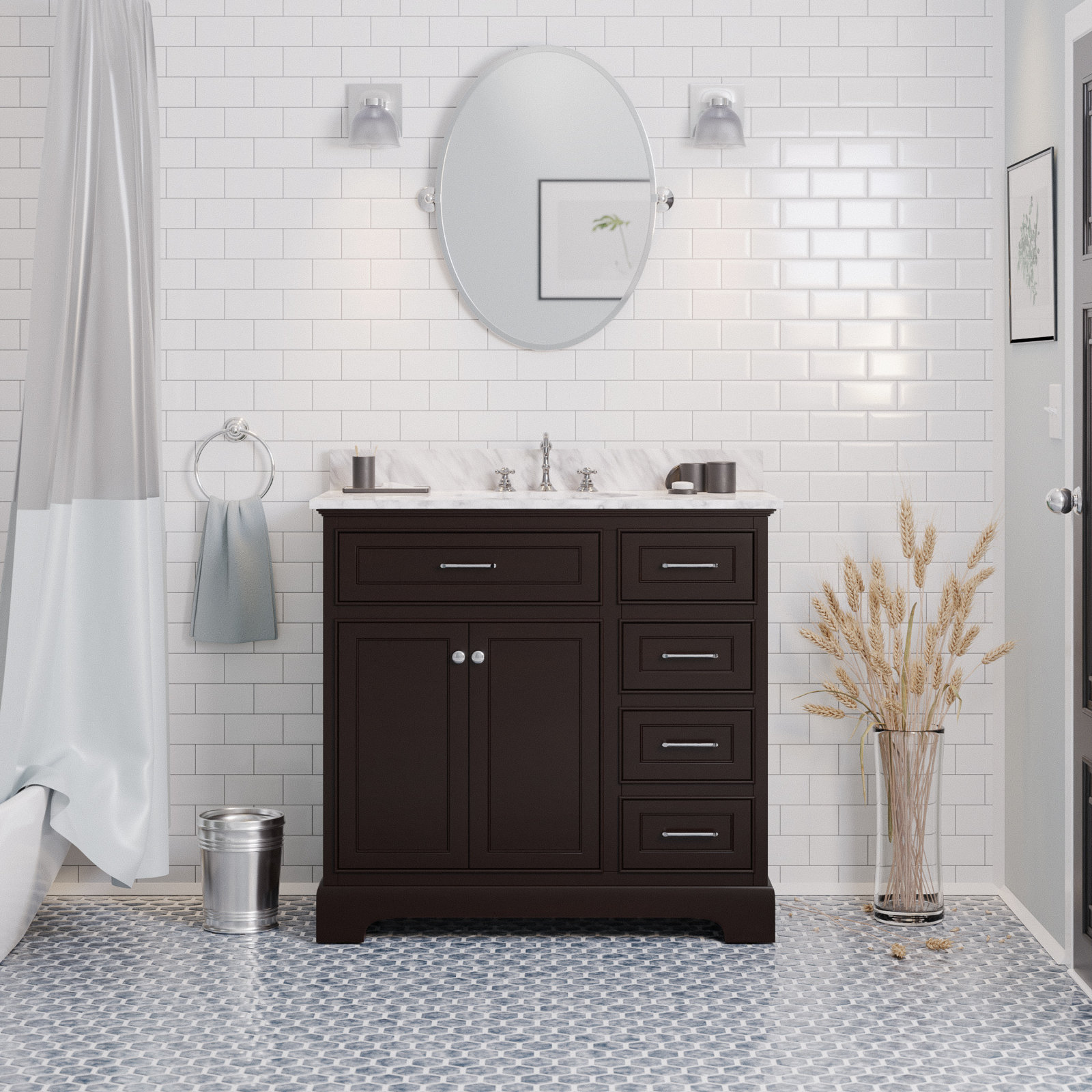 36'' Single Bathroom Vanity, Chocolate, Carrara Marble