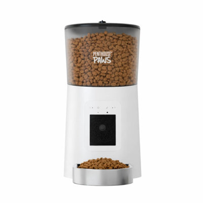 Mangeoire automatique pour animaux Penthouse Paws Smart HD, capacité de 6L de nourriture sèche, caméra de 1 080p, audio bidirectionnel, repas programmés, alimentation de secours, facile à nettoyer, conception anti-bourrage pour chat et chien, blanc / acier inoxydable