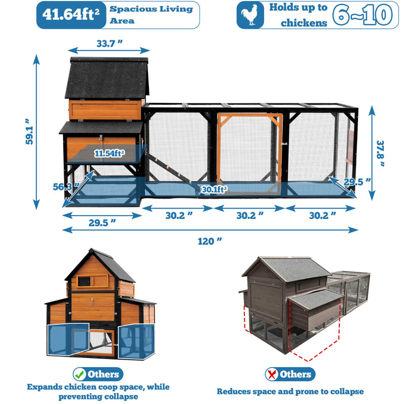 Très grand poulailler 120 po avec doublure en PVC et enclos pour 6 à 10 poules, H 59,1 po x l 122 po x P 56 po