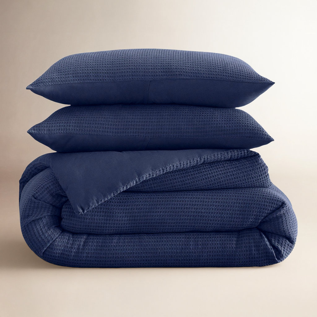 Felix Waffle Cotton Comforter Set, Full / Queen Comforter + 2 Standard Shams, Midnight Navy
