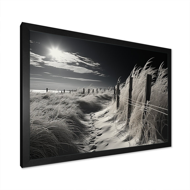 Horizon de plage noir et blanc - art mural grande plage côtière, H 16 po x l 32 po x P 1 po, Cadre noir