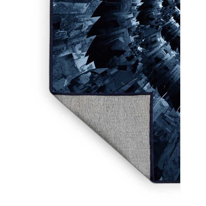 Machine Washable Pahola Art Deco Geometric Rug in Blue – Navy Binding, 5 x 8