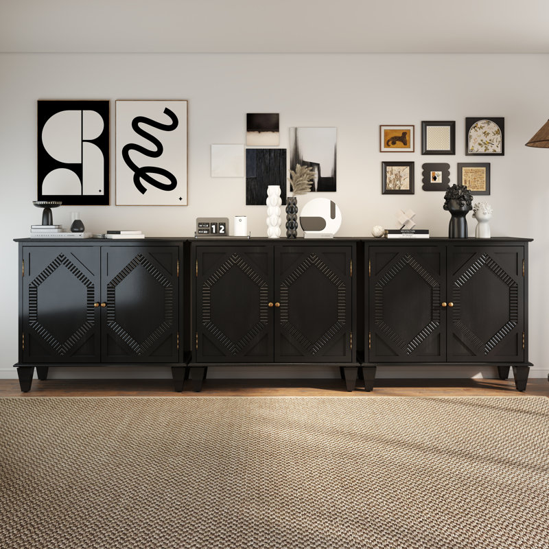 33.6" Retro Wooden Sideboard Buffet Cabinet, Black, Gold, Black