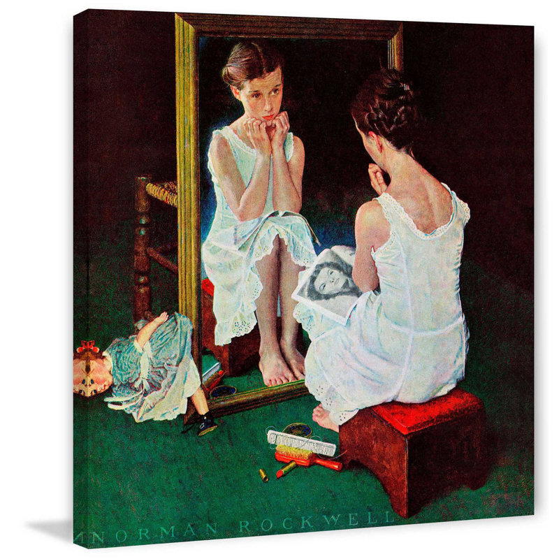 «Girl at the Mirror» par Norman Rockwell - reproduction d'art sur toile, H 48 po x l 48 po