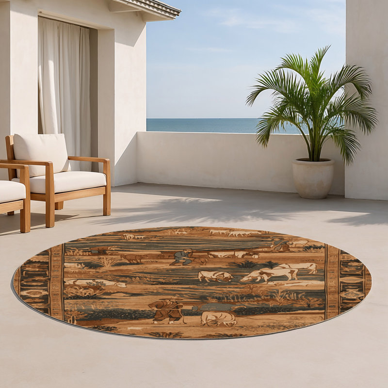 Tapis turc intérieur et extérieur brun, Rond 5 pi
