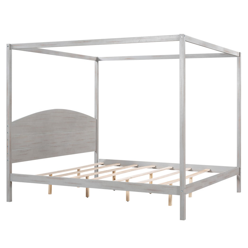 Très grand lit plateforme à baldaquin avec tête de lit et pieds de soutien, gris délavé , Grey