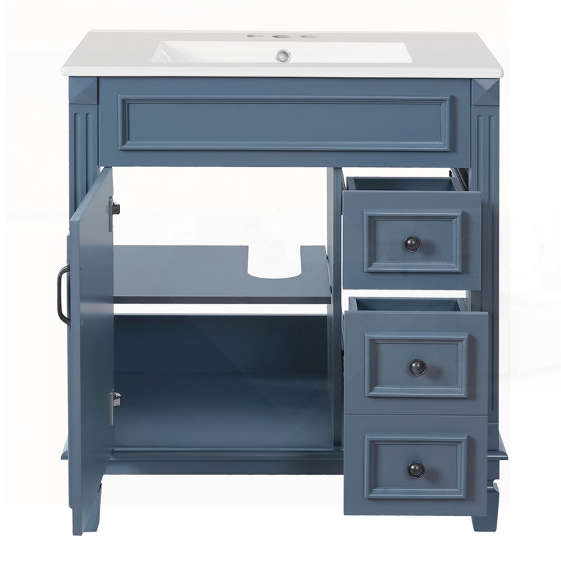 Meuble-lavabo compact compact avec lavabo en céramique, 2 tiroirs et tablette réglable pour un rangement efficace, Bleu