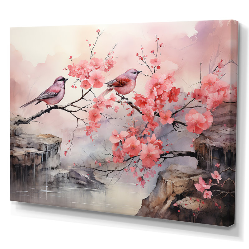Sakura oiseaux roses sur arbre en fleurs roses - Art mural oiseau, Toile tendue, H 16 po x l 32 po x P 1 po