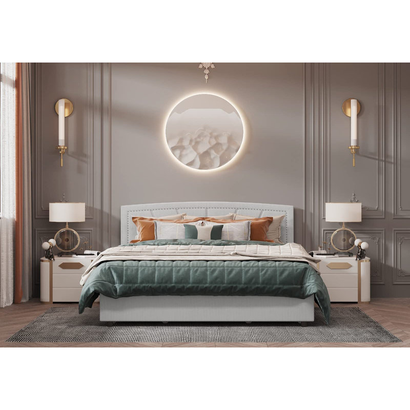 Full Size Storage Bed Frame Upholstered Low Profile Traditional Platform With Tufted And Nail Headboard/no Box Spring Needed/4 Pull Out Drawers/white Faux Leather…