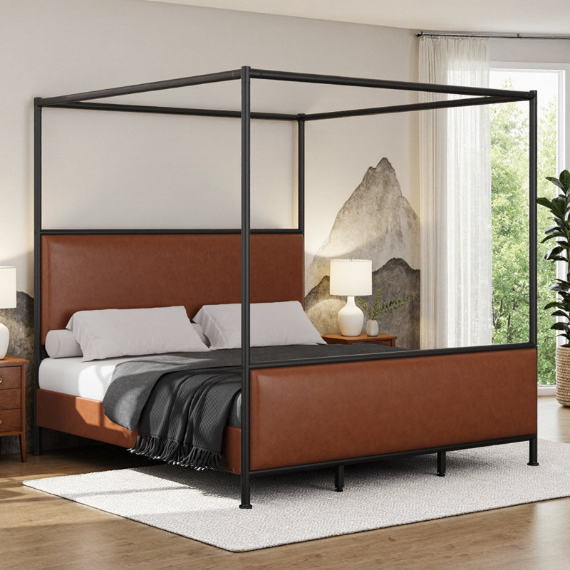 King Size Canopy Bed Frame With PU Upholstered Headboard And Iron Support Structure