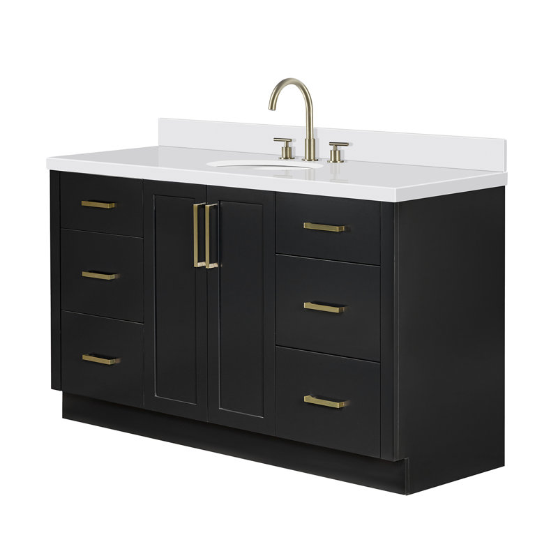 Meuble-lavabo ovale simple de 61 pouces avec comptoir en quartz blanc pur de 1,5 pouce d'épaisseur et finition noire., Ovale