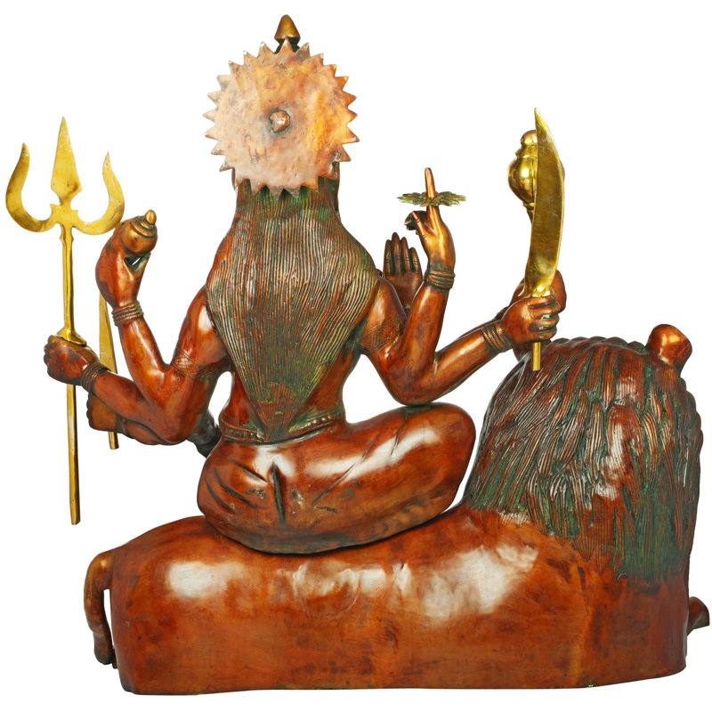 Grande statue de Durga en laiton 33 po sur lion - Statue de Simhabahini Ashtabhuja fabriquée à la main pour le grand temple de la maison et le centre de table du salon