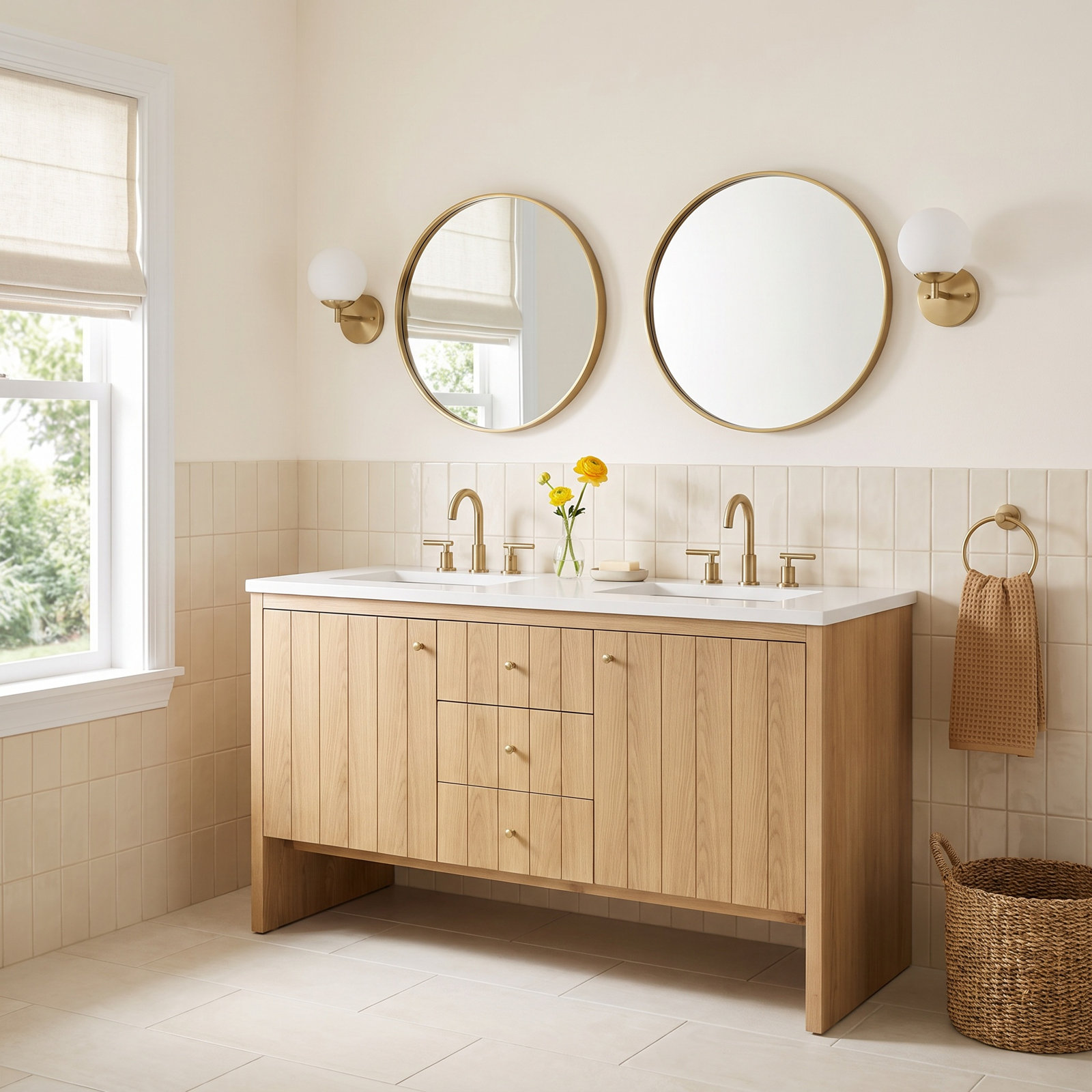 Hudson 60'' Double Bathroom Vanity, Light Natural Oak, White Zeus, Single-Hole