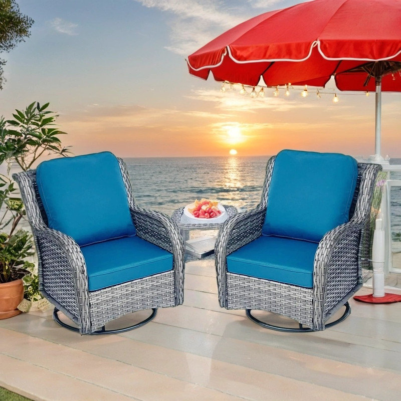 Ensemble 3 pièces de chaises pivotantes en osier avec table d'appoint, bleu et gris