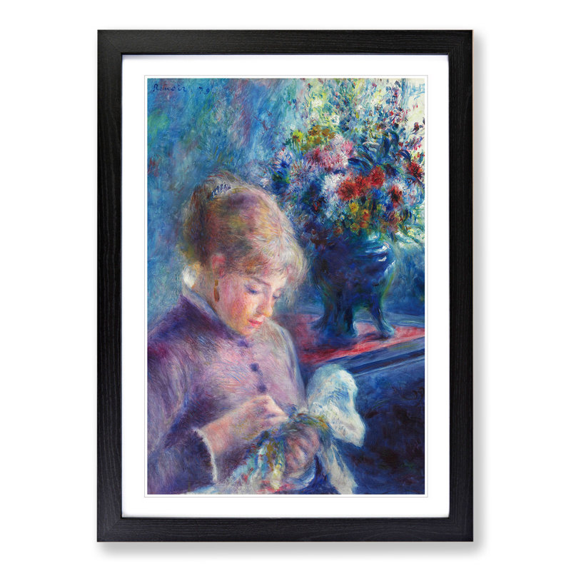 Young Woman Sewing by Pierre-Auguste Renoir - Picture Frame Painting, 65cm H x 48cm W x 2cm D, Black Framed