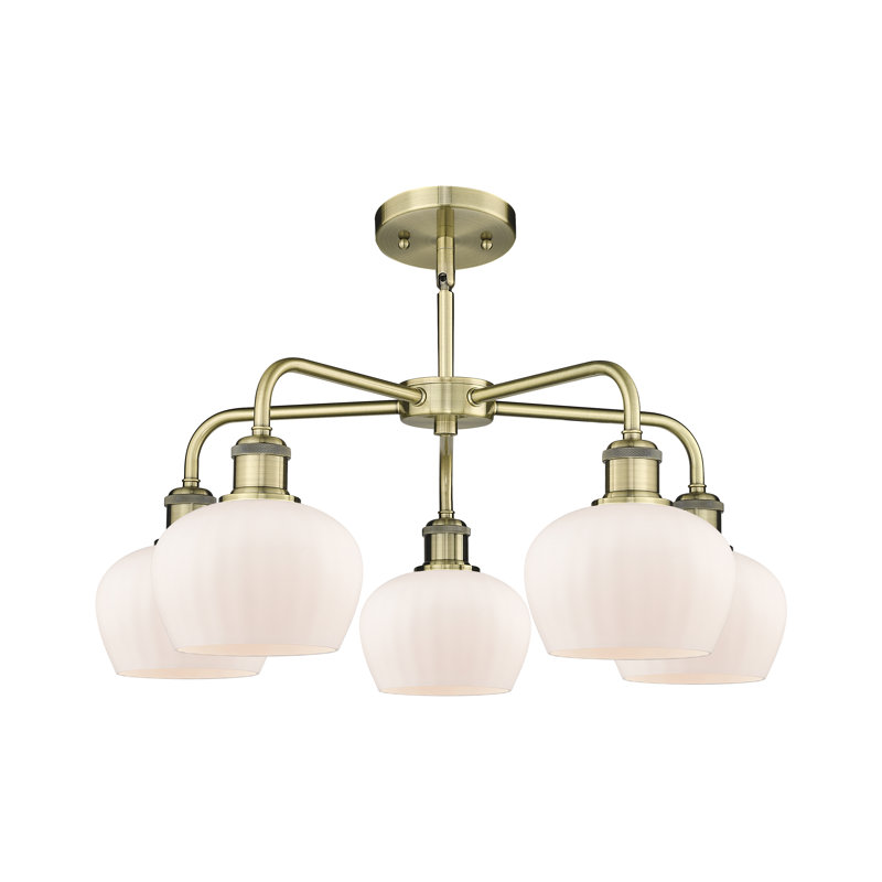 Lustre bol 5 lumières Calnie, Blanc mat, Laiton antique