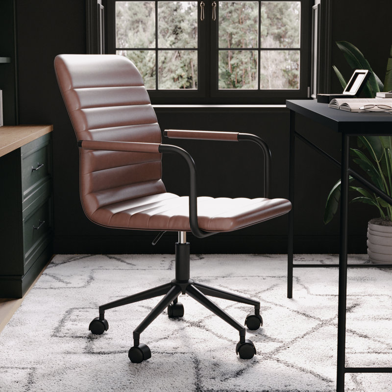 Martha Stewart Taytum Upholstered Swivel Home Office Chair with Integrated Armrests, Saddle Brown, Oil Rubbed Bronze