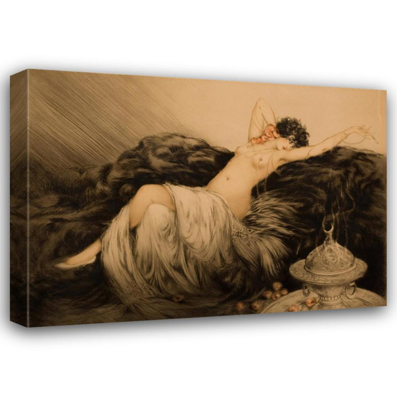 «Nude with Black Fur» par Louis Icart - Art mural sur toile tendue avec châssis, H 48 po x l 33 po