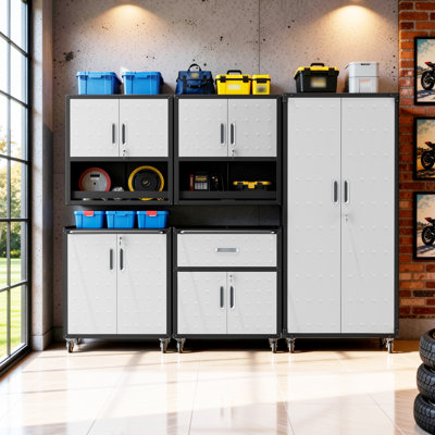 Ensemble de rangement d'outils de garage 5 pièces, armoire murale et chariots à outils roulants + armoire à panneaux perforés haute avec tiroirs, système d'organisation en acier verrouillable