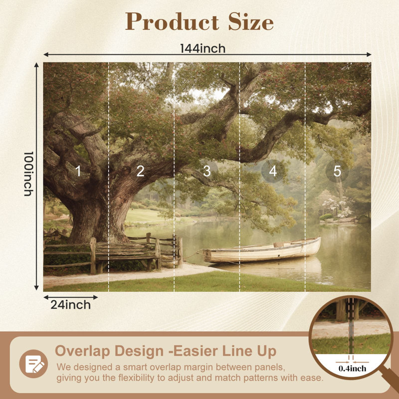 Papier peint auto-adhésif, paysage d'automne, lac, bateau, forêt, paysage d'automne, grands arbres muraux dorés, papier peint amovible en PVC, H 100 po x l 144 po, pour salon, chambre, bureau à domicile