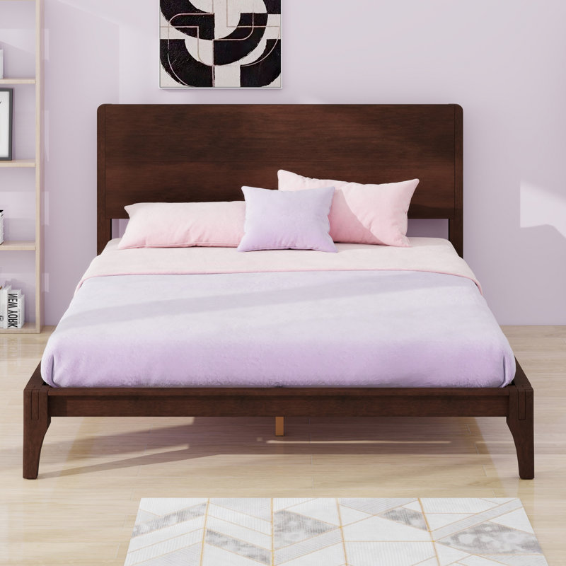 Lit plateforme en bois de bambou de style Mid-Century avec support en lattes de bois, Chocolat, Grand lit