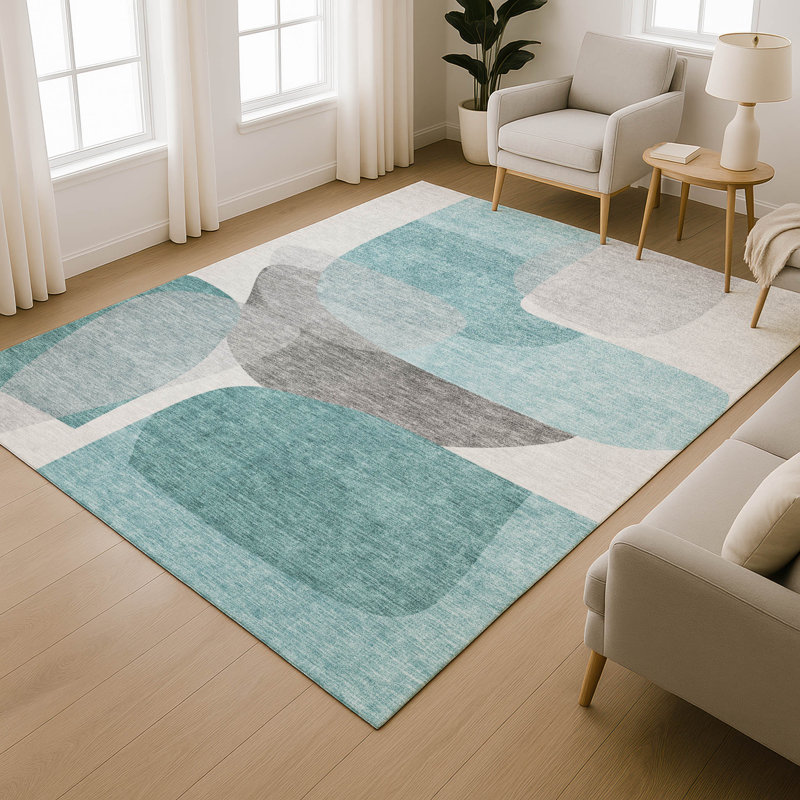Premium Machine Washable Mayfield AMF2121 Blocks Rug, Teal, 5' x 7'6"