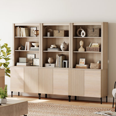 71.6"H X 94.5"W Set Of 3 Bookcase With Storage Cabinets, 15 Tier Bookshelf With Fluted Doors And Adjustable Shelves, Large Modern Display Cabinet For Living Room Bedroom Home Office Kitchen