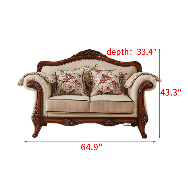 European Style Solid Wood Fabric Sofa Upholstered 64.9'' Loveseat