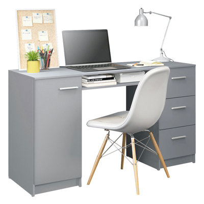 Computer Desk 53 Inch with 3 Drawers 1 Door and 1 Storage Shelf Ergonomic Wooden Home Office Gaming Writing Workstation Study Furniture