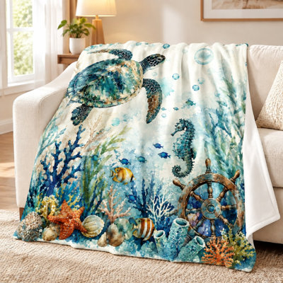 1Pcs Ocean Sea Turtle Seahorse Print Fleece Blanket – Vivid Watercolor Style;Single-SidedLightweight and CozyPerfect for Sofa, Couch, Bed, TravelDecorative Home AccentIdeal Marine Life Enthusiasts. Bedding and sofa items