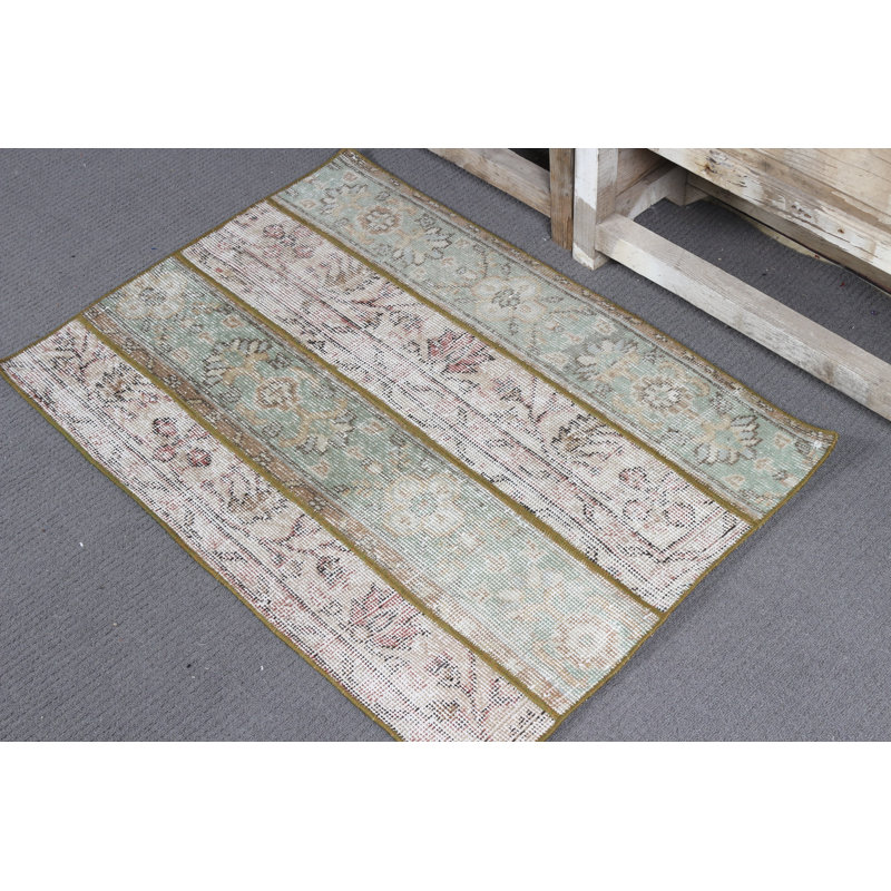 Petit tapis en laine beige à motif patchwork rétro turc pour entrée noué à la main Oushak