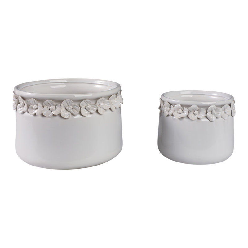Planter Ceramic Round With Sculpted Floral Rim Detailing And Drainage Hole For Decorative Display Or Plant Support, White